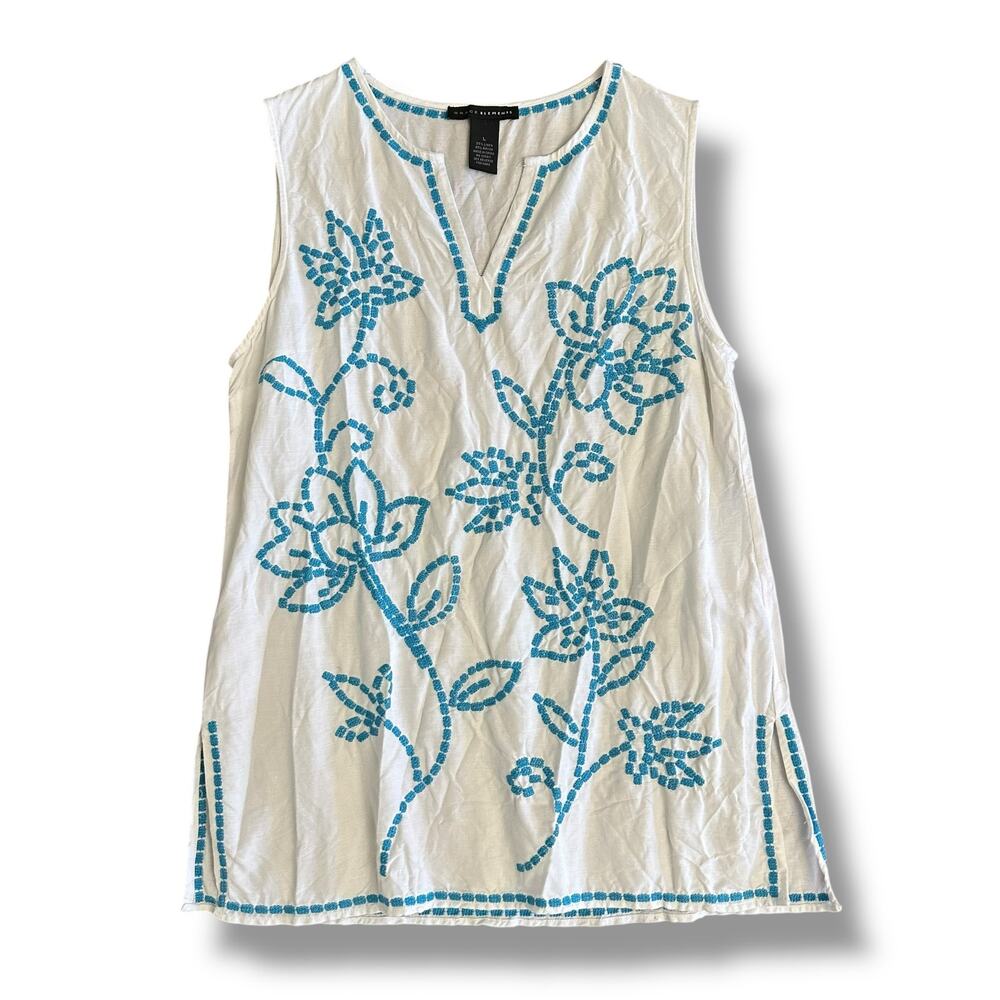 Grace Elements White Blue Embroidered Linen Blend Tunic Top L Classic‎ Coastal